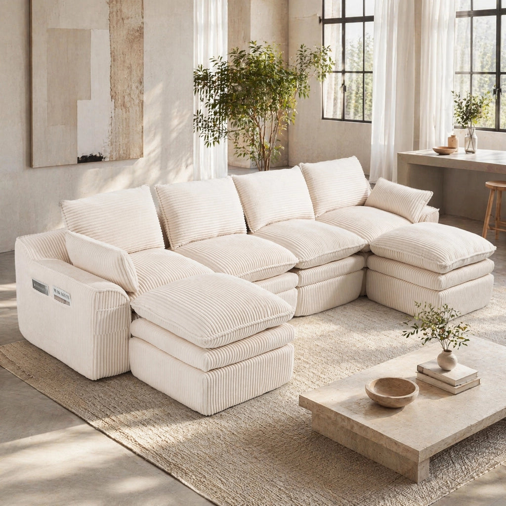 DIVANO MODULARE 4 POSTI 335x167x85 cm Corduroy Beige con 2 Pouf