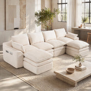 DIVANO MODULARE 4 POSTI 335x167x85 cm Corduroy Beige con 2 Pouf