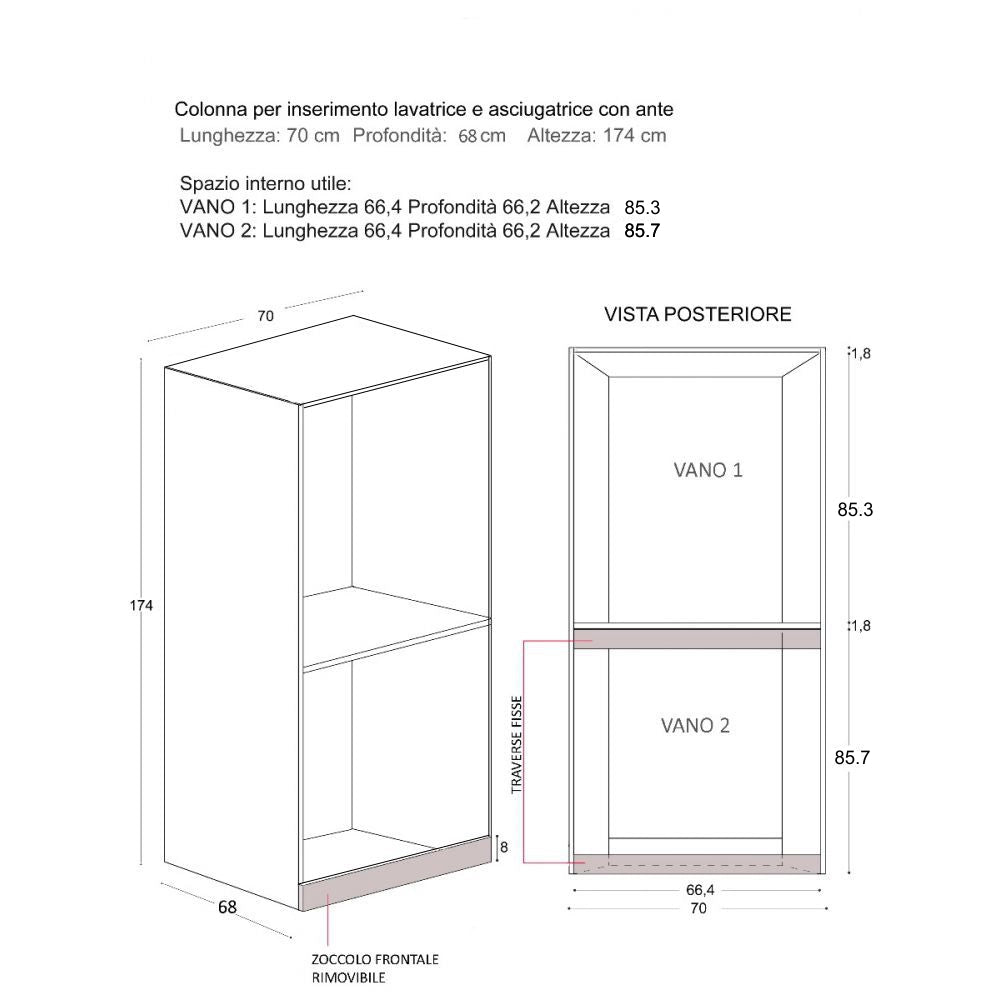 Mobile Lavanderia a Colonna per Lavatrice o Asciugatrice con Asse da Stiro e Ante Superiori 70x70x174A cm in Nobilitato