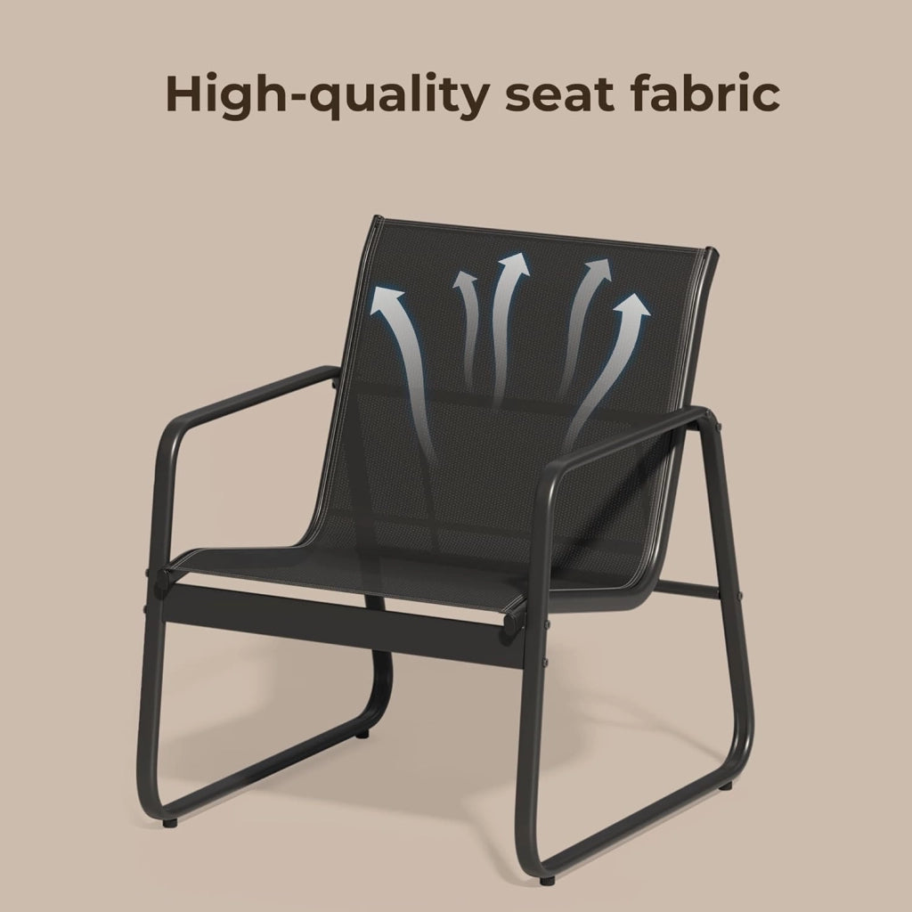 Set Mobili da Giardino 3 Pezzi - Salottino da Esterno con 2 Poltrone Ergonomiche e 1 Tavolino in Vetro Temperato - Set Bistro in Metallo e Textilene Traspirante per Balcone, Terrazzo e Patio