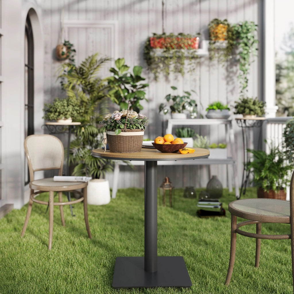 Tavolo da giardino da balcone rotondo impermeabile con piano a listelli in acciaio (? 70 x 74 cm H) e legno naturale.