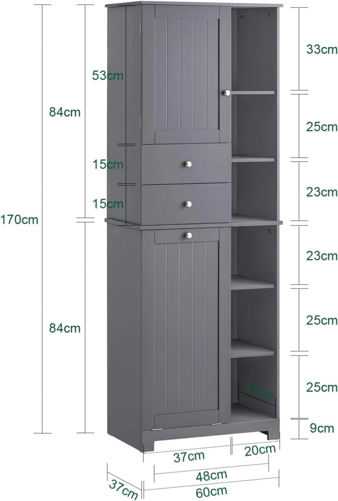 Mobile Bagno con Cesto per Linge Mobile Rangemento Alto Armadio Bagno con 6 Ripiani e 2 Cassetti Mobiletto Salvaspazio Grigio 60x37x171 cm BZR104-DG