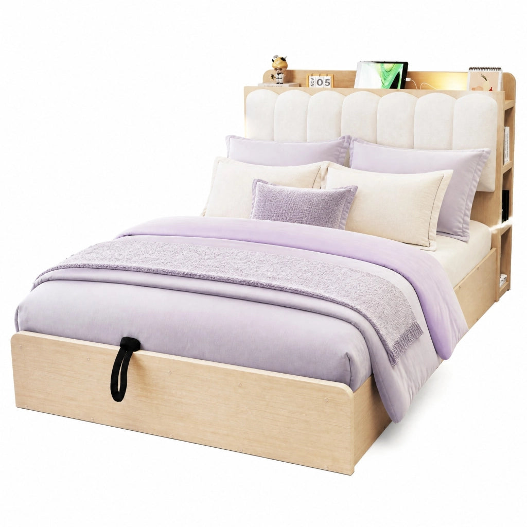 Letto matrimoniale 140x200 cm in legno con contenitore idraulico; testiera imbottita beige e USB; colore legno naturale