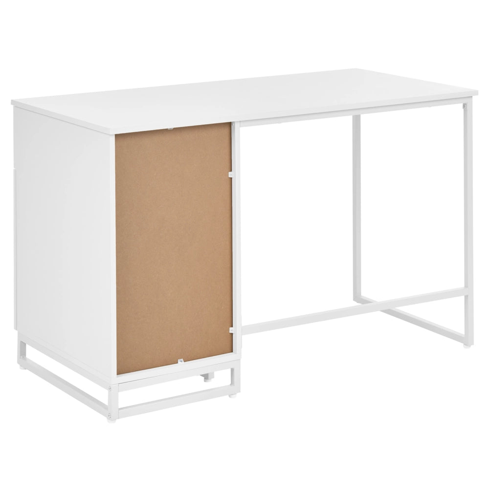 Scrivania da ufficio per casa in MDF bianco chiaro, 120 x 60 cm, struttura in acciaio con cassetto e vano chiuso, design moderno e minimalista