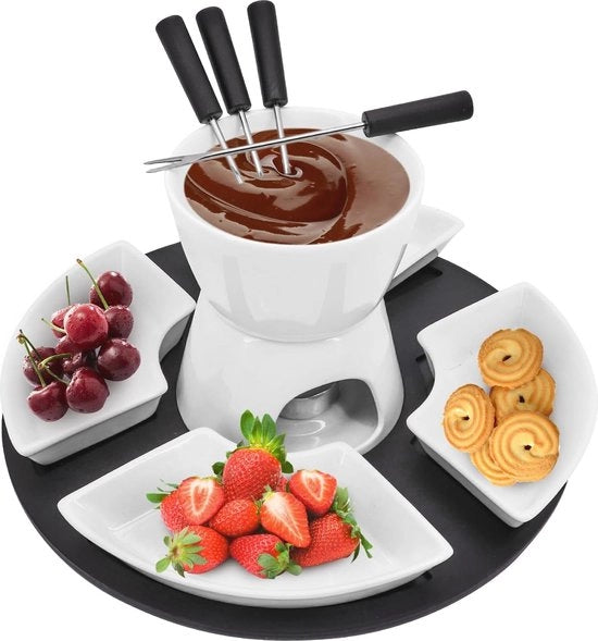 Set di Fonduta Ceramica - Cioccolato e Formaggio con 4 Forchette e 4 Portate, Non Elettrico