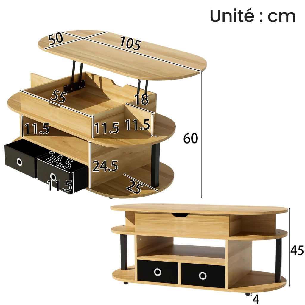 OKWISH Tavolino da Salotto Rettangolare con Piano Sollevabile, 2 Cassetti in Tessuto e Vano, Nero e Legno, 105 x 50 x 45/60 cm