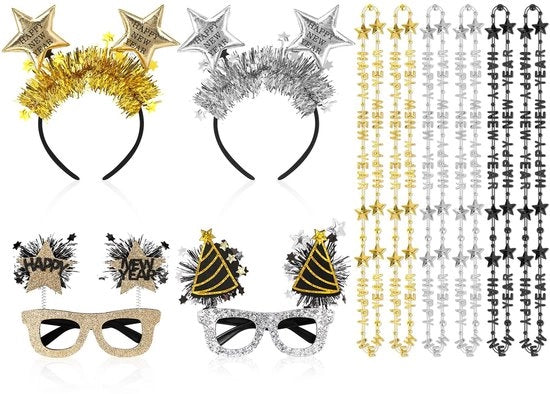 Set di accessori per il Capodanno - 10 pezzi - Cinturini per capelli - Occhiali - Collane - Articoli da festa - Duraturo e comodo