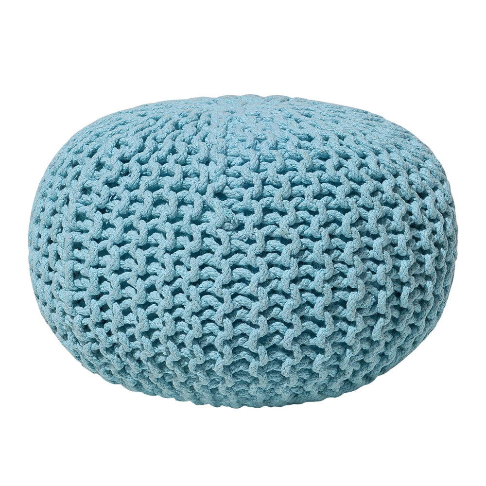 Pouf ottomana azzurro in cotone lavorato a maglia perline EPS riempimento rotondo piccolo poggiapiedi 40 x 25 cm