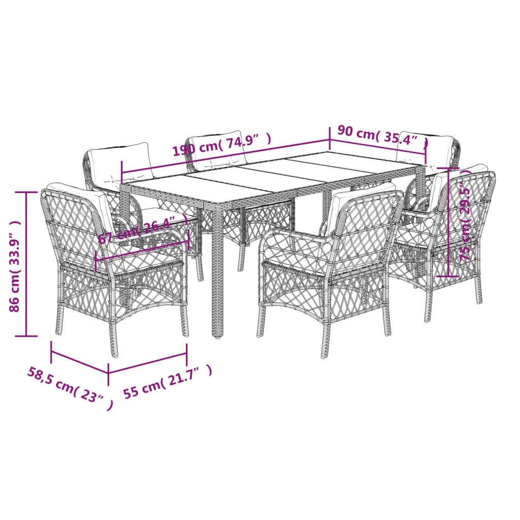 Set da Pranzo da Giardino 7 pz Nero con Cuscini in Polyrattan 3212028