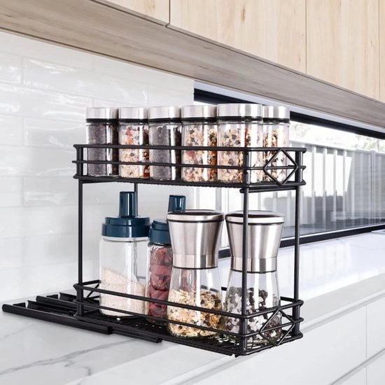 Organizzatore erbe a 2 livelli, Organizzatore erbe senza fori con 3 ganci Acciaio inossidabile organizzatore erbe estensibile Cassetto per erbe, cucina, flaconi, contenitori 26×11×22cm