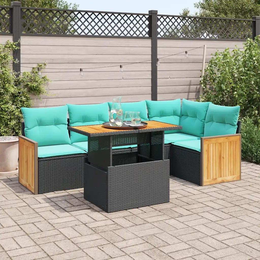 Set Divano da Giardino 6 pz con Cuscini Nero Polyrattan Acacia