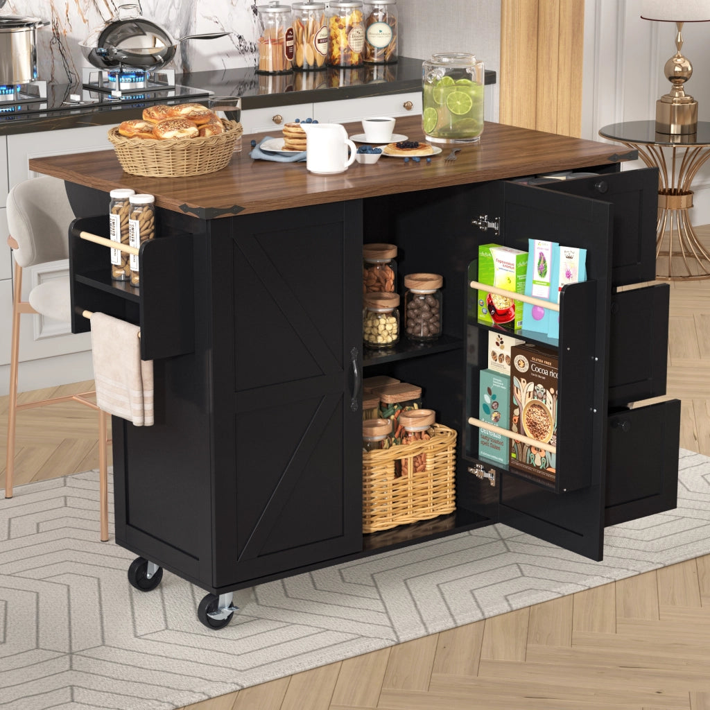 Carrello da Cucina con Piano Estraibile ¨C MINIMAL ¨C Nero, 2 Ante e 3 Cassetti, Effetto Legno