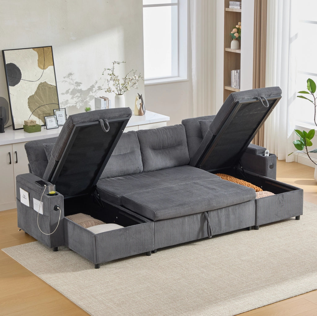 Divano 4 posti con doppia chaise longue; contenitore; portabicchieri e USB-C; 272x136x86 cm; grigio carbone
