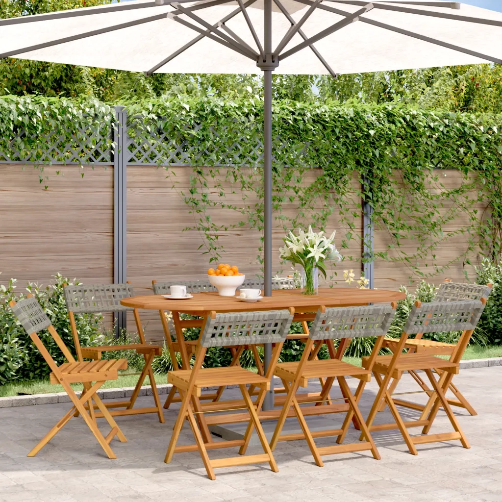 Sedie Giardino Pieghevoli 8 pz | Sedie da Esterno Grigie Polyrattan Legno Massello