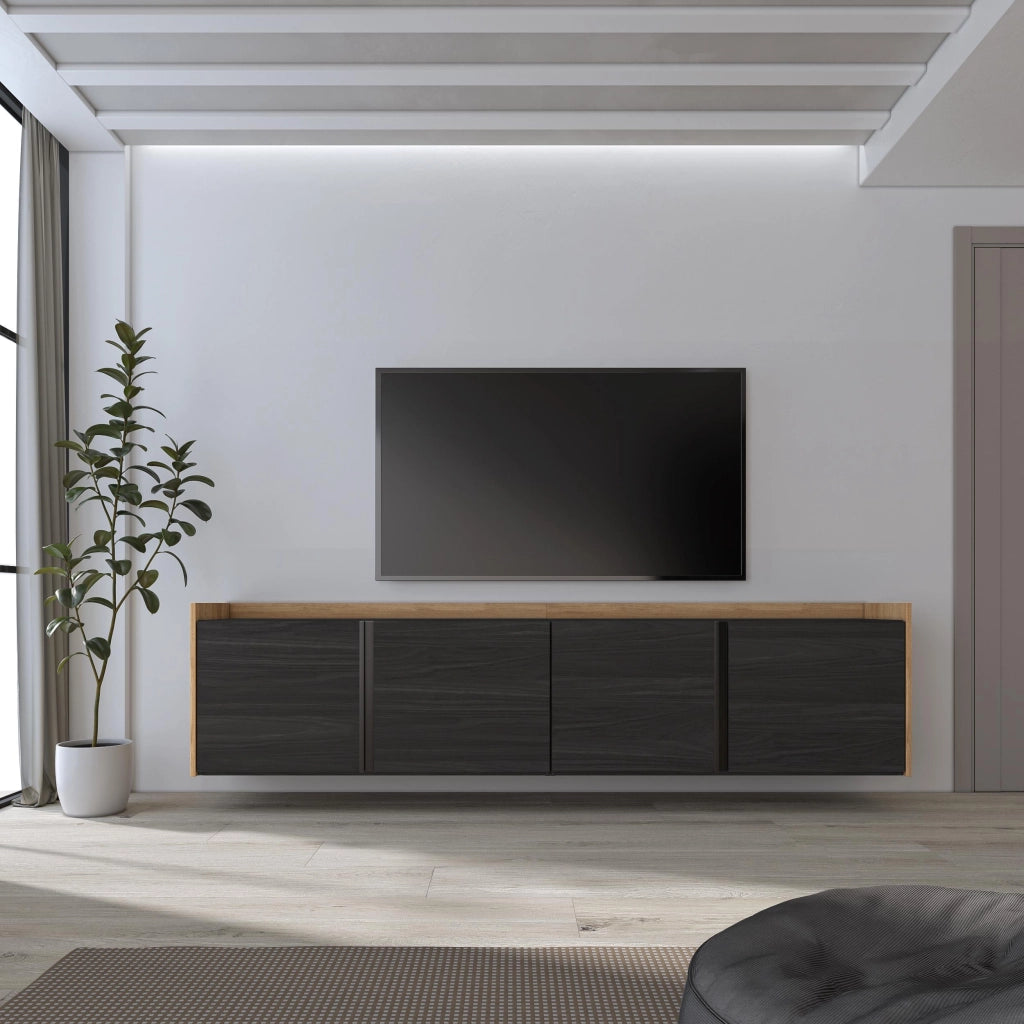 Mobile TV Soggiorno, 207x50x35 cm, Per TV fino a 80", Sospeso, da appendere, Nero e rovere