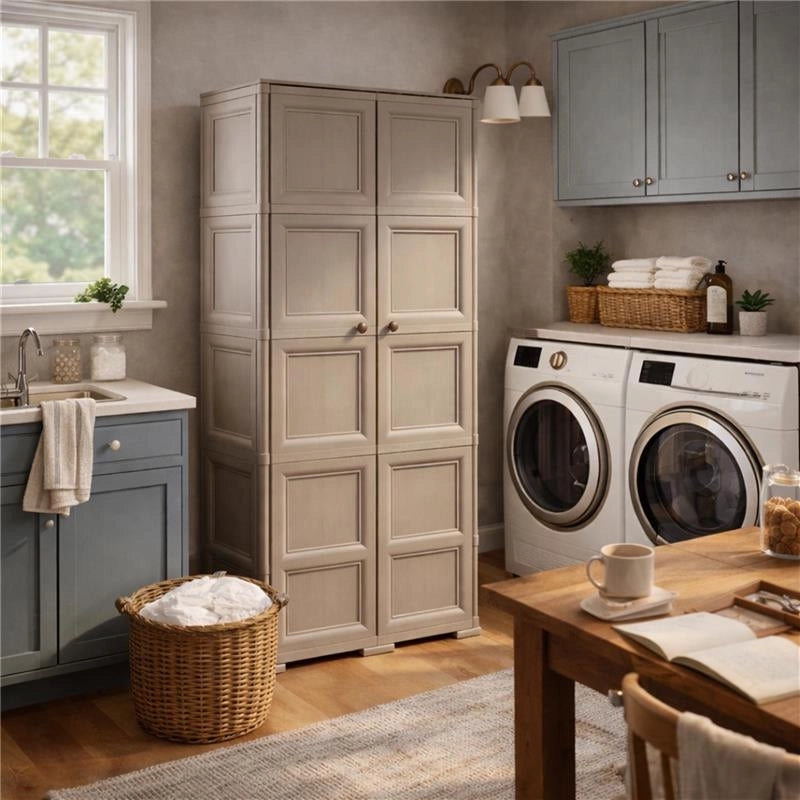 ARMADIO 2 ANTE TAUPE 79X43X203 CM CON 6 SCOMPARTI E VANO PORTASCOPA – MOBILE ALTO ORGANIZZAZIONE CASA PER INGRESSO E LAVANDERIA
