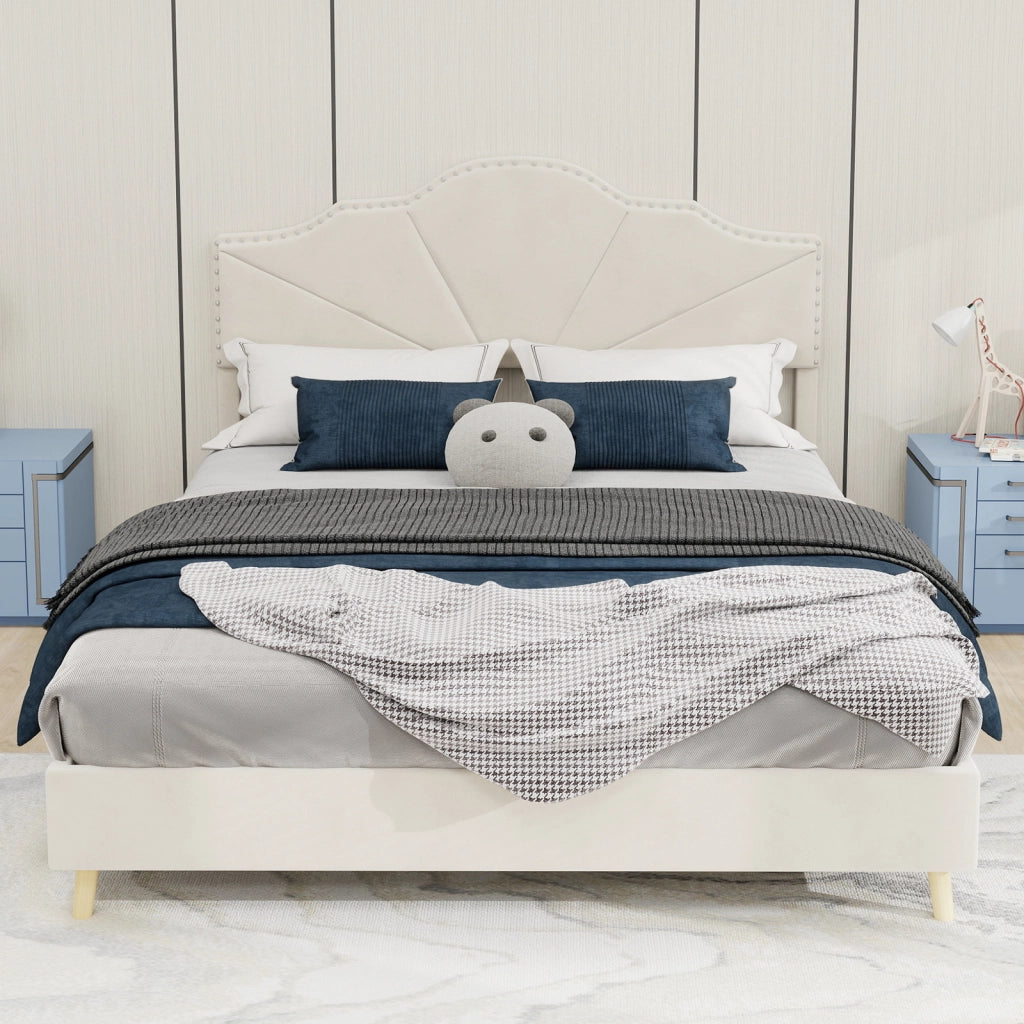Letto Matrimoniale 140x200 cm con Testiera Imbottita e Rete a Doghe in Tessuto Beige
