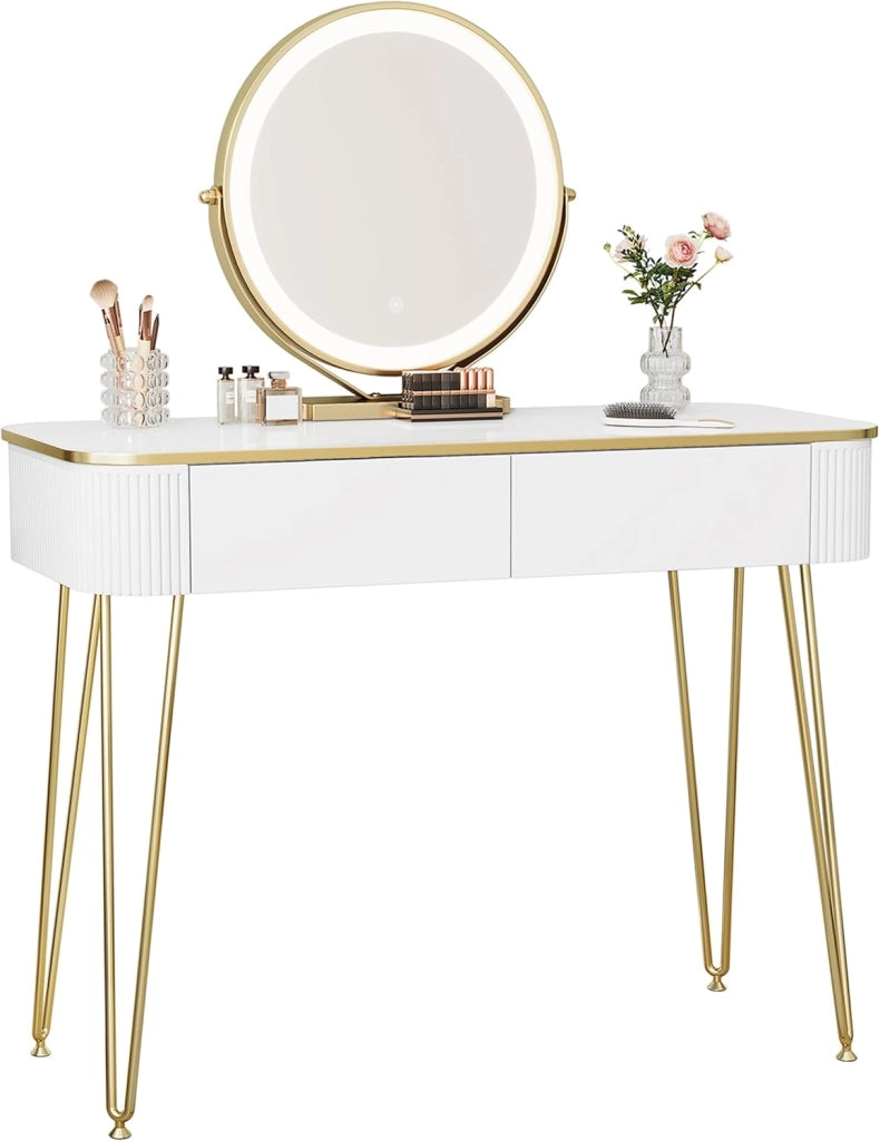 EUGAD Toeletta da Trucco con Luci LED, Luminosità Regolabile, Postazione Trucco con Specchio, 2 Cassetti in Legno, Piano Lucido 100x40 cm, Moderno, Bianco + Oro