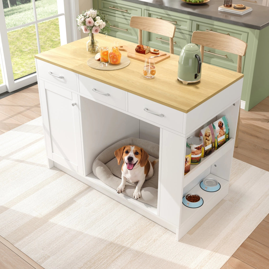Carrello da cucina con 3 cassetti, 1 porta spezie, ripiano regolabile e area per animali, bianco