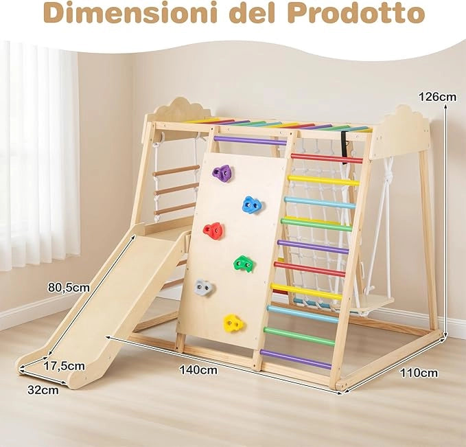 8 in 1 Set da Arrampicata per Bambini, Palestra in Legno da Interno con Sbarre Scivolo Altalena Scala in Corda e Roccia/Rete da Arrampicata, per Bambini 3 Anni+ (Colorato)