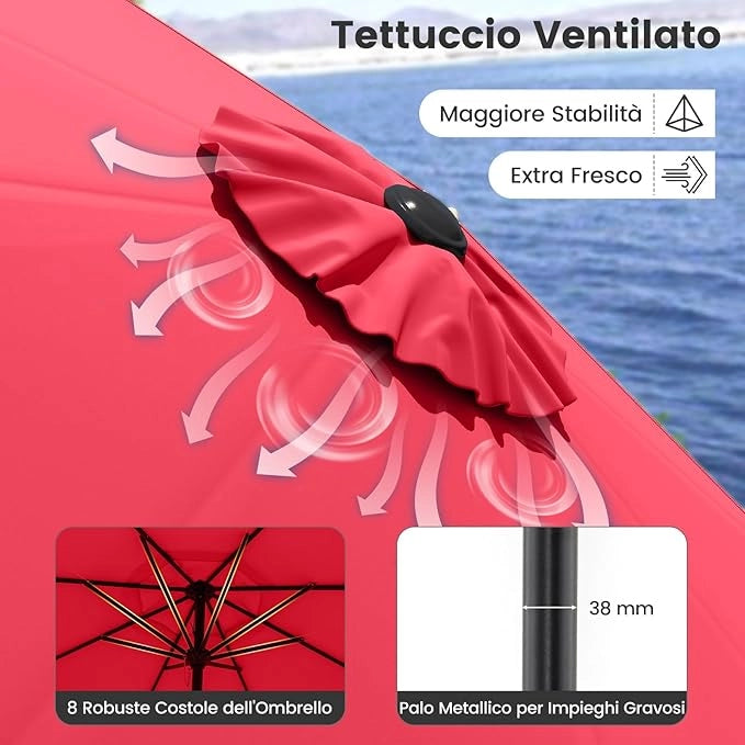 Ombrellone da Giardino 270 cm, Ombrellone da Esterno con Inclinazione Regolabile, Manovella, 8 Stecche, Tettuccio Ventilato, Ombrellone Parasole per Spiaggia, Bordo Piscina