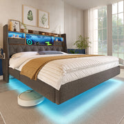Letto 160x200 cm con LED; testiera portaoggetti e porta USB C; lino grigio