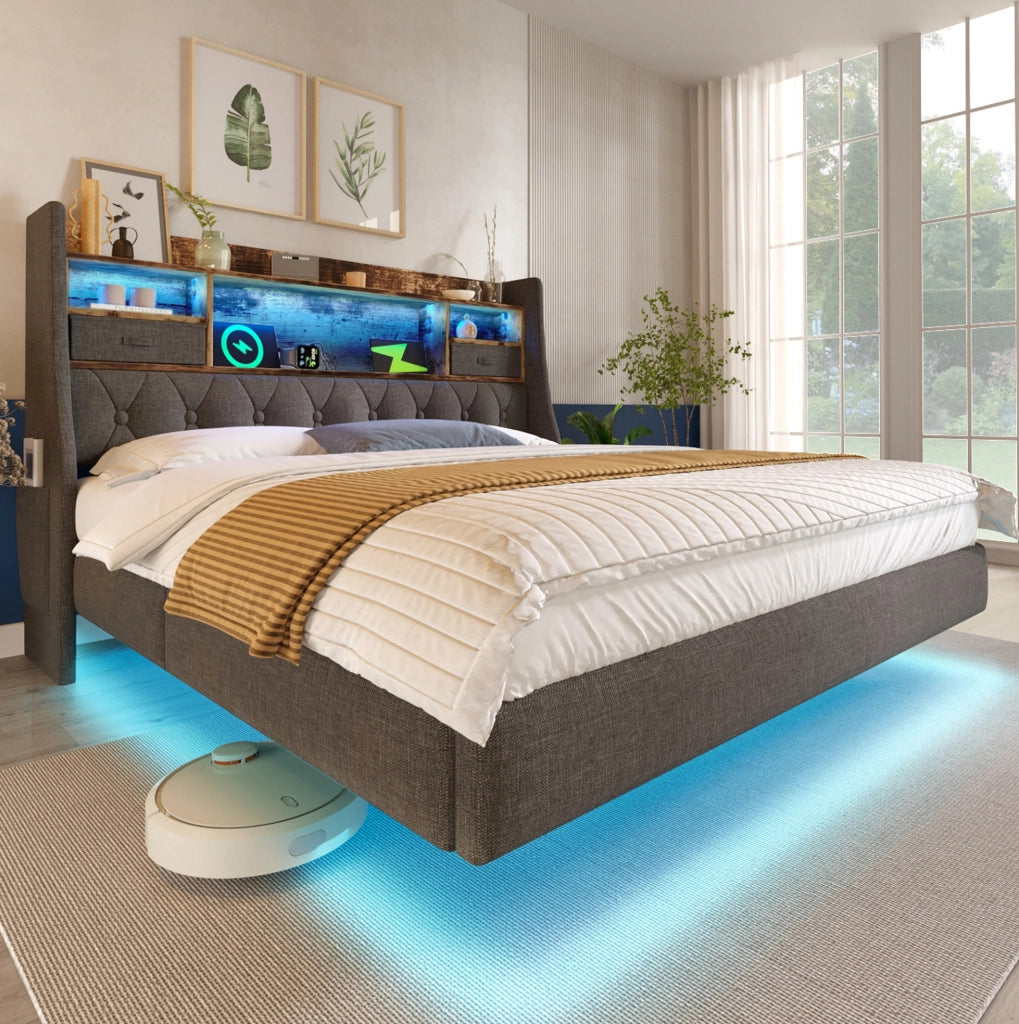 Letto 160x200 cm con LED; testiera portaoggetti e porta USB C; lino grigio