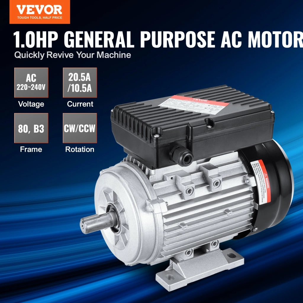 Motore Elettrico Monofase 0,75 kW 1 HP 1400 Giri/min CA 220-240V Telaio B3 80 Albero 19 mm Rotazione CW CCW per Compressore e Officina