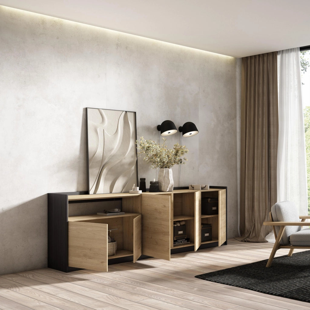 Credenza, Mobile, Cucina, 260x80x37 cm, 5 Porte, grande stoccaggio, Rovere e nero
