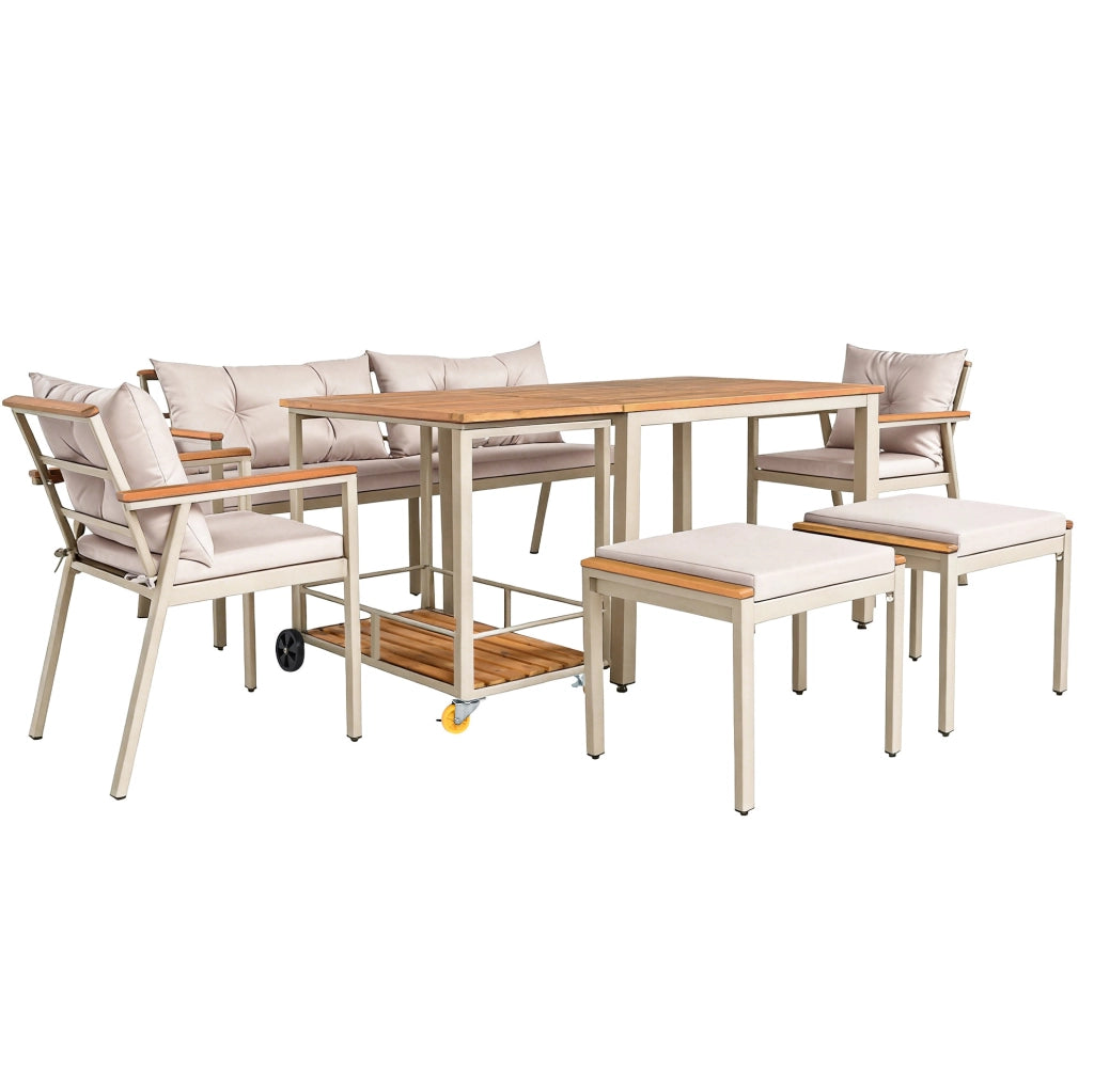 Set da giardino da pranzo 6-7 posti con carrello di servizio rimovibile; legno di acacia beige e naturale