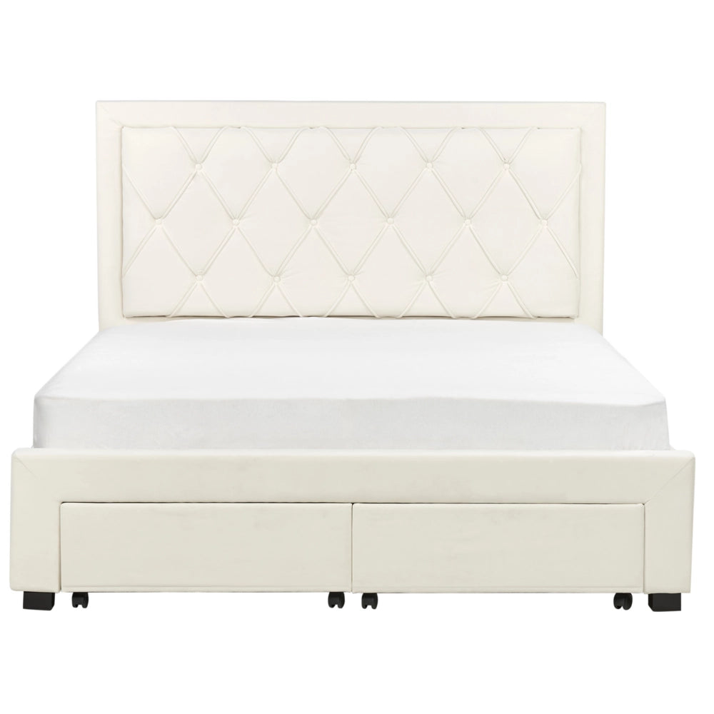Letto matrimoniale contenitore tappezzeria in velluto beige 160 x 200 cm trapuntato testiera alta cassetti Glam Design