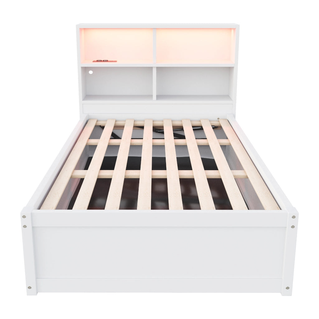 OKWISH Letto a divano 90×200 cm, Letto Singolo con Multipresa, 4 Vani Portaoggetti e LED, senza Materasso, in Legno, Bianco