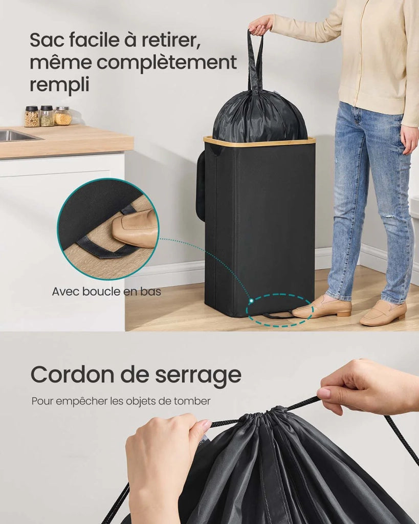 Contenitore per la raccolta differenziata da 95 litri per bottiglie e lattine contenitore per imballaggi per bevande con foro coperchio borsa con manici cucina nero 12_0007251