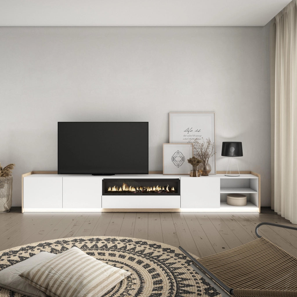 Mobile TV Soggiorno, 310x50x37 cm, Per TV fino a 80", Camino elettrico, LED, Bianco e Rovere soft