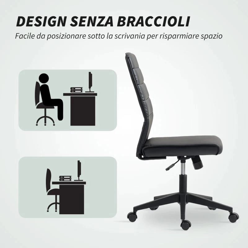 SEDIA DA UFFICIO ERGONOMICA E REGOLABILE CON SCHIENALE RICURVO, IN PELLE PU E ACCIAIO, 58X53X97-107 CM, NERO