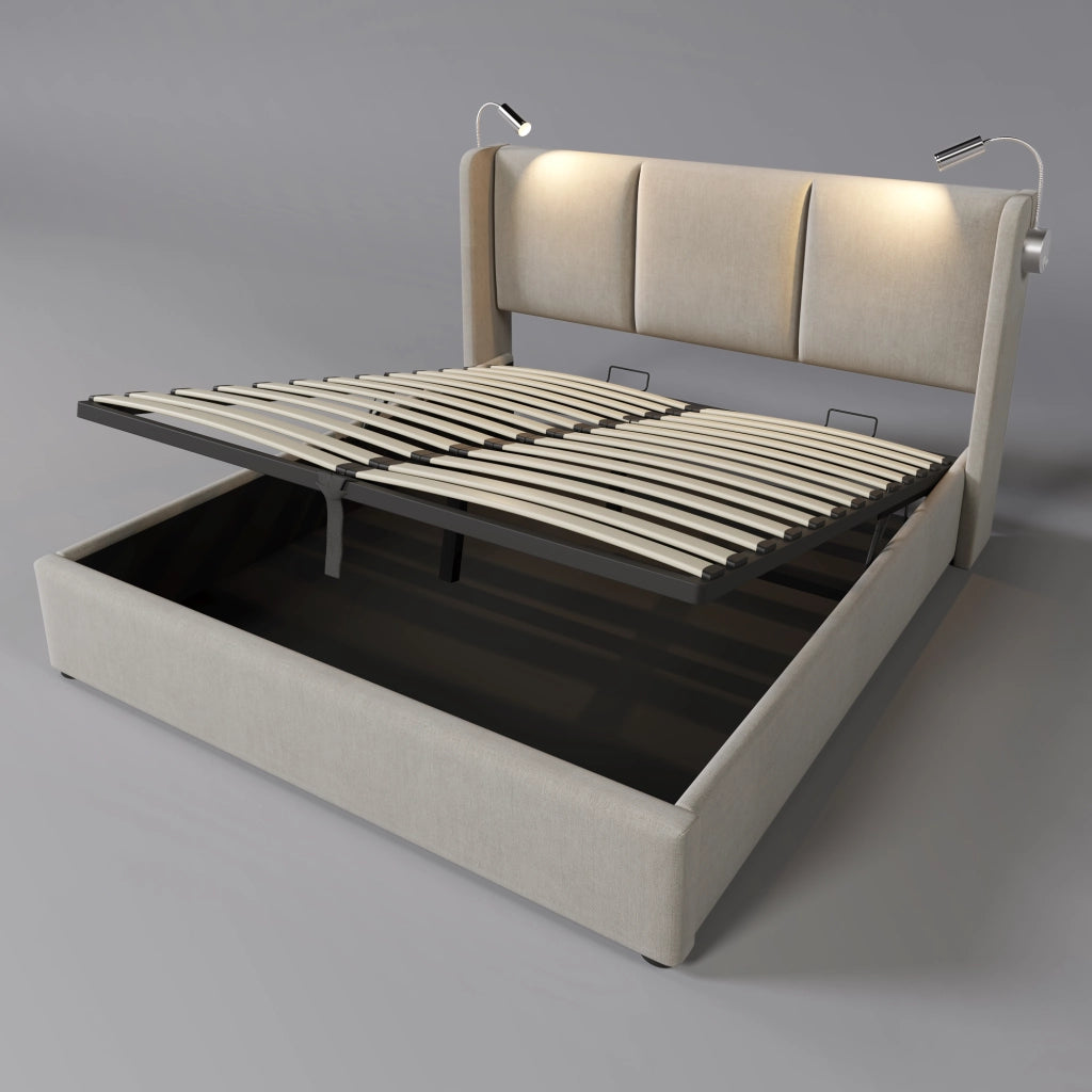 Letto matrimoniale moderno – 180x200 cm – cassone idraulico LED USB – lino beige