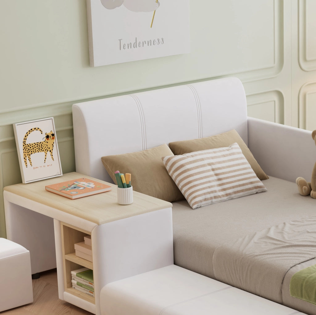 Letto singolo imbottito per bambini 90x200 cm con scrivania, sgabello e ripiano
