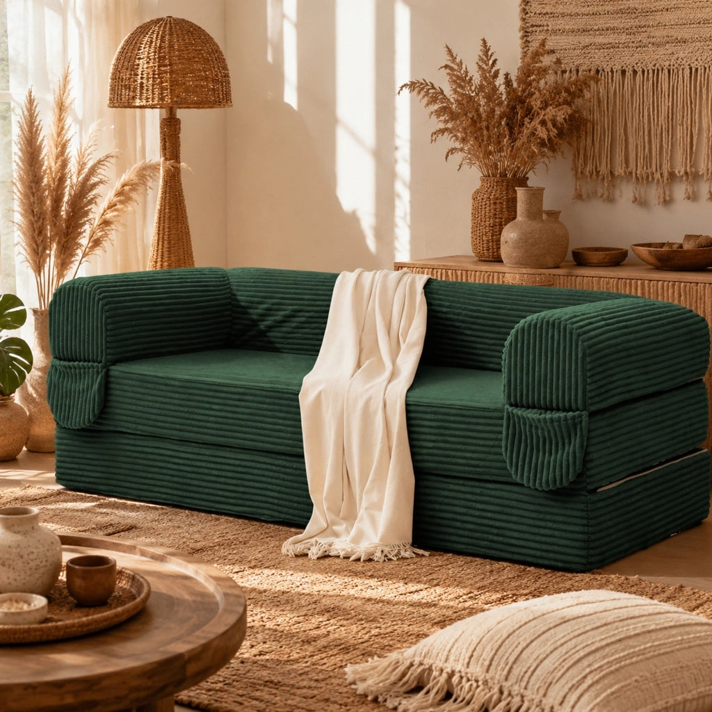 Divano letto 2 posti trasformabile in velluto a coste verde; design salvaspazio