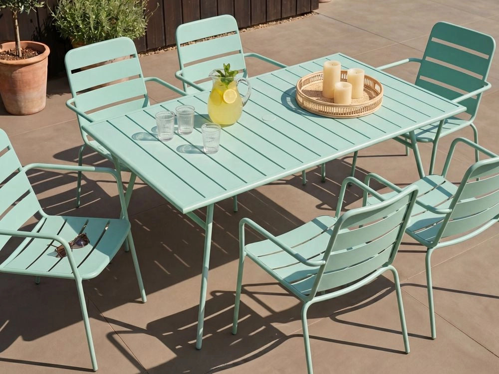 Tavolo da giardino in ferro zincato verde menta 160 x 90 cm, arredo da esterno verniciato a polvere, moderno