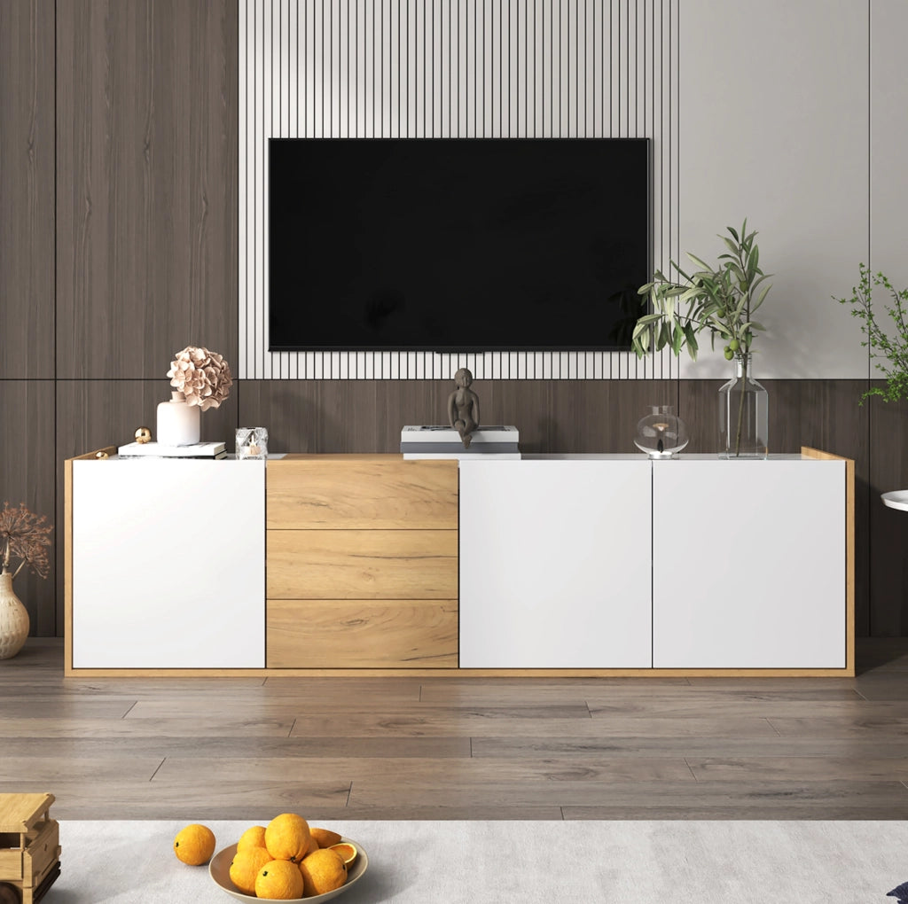 Mobile TV da parete o da terra con 3 ante e 3 cassetti; 171;5 x 35 x 47 cm; in MDF bianco e legno