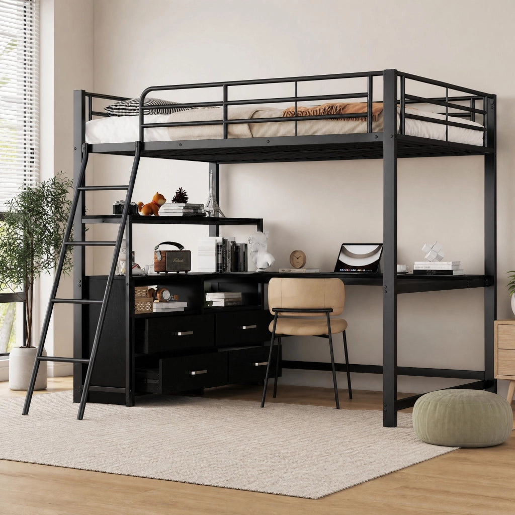 Letto a soppalco 140x200 cm con scrivania a L e cassetti; nero