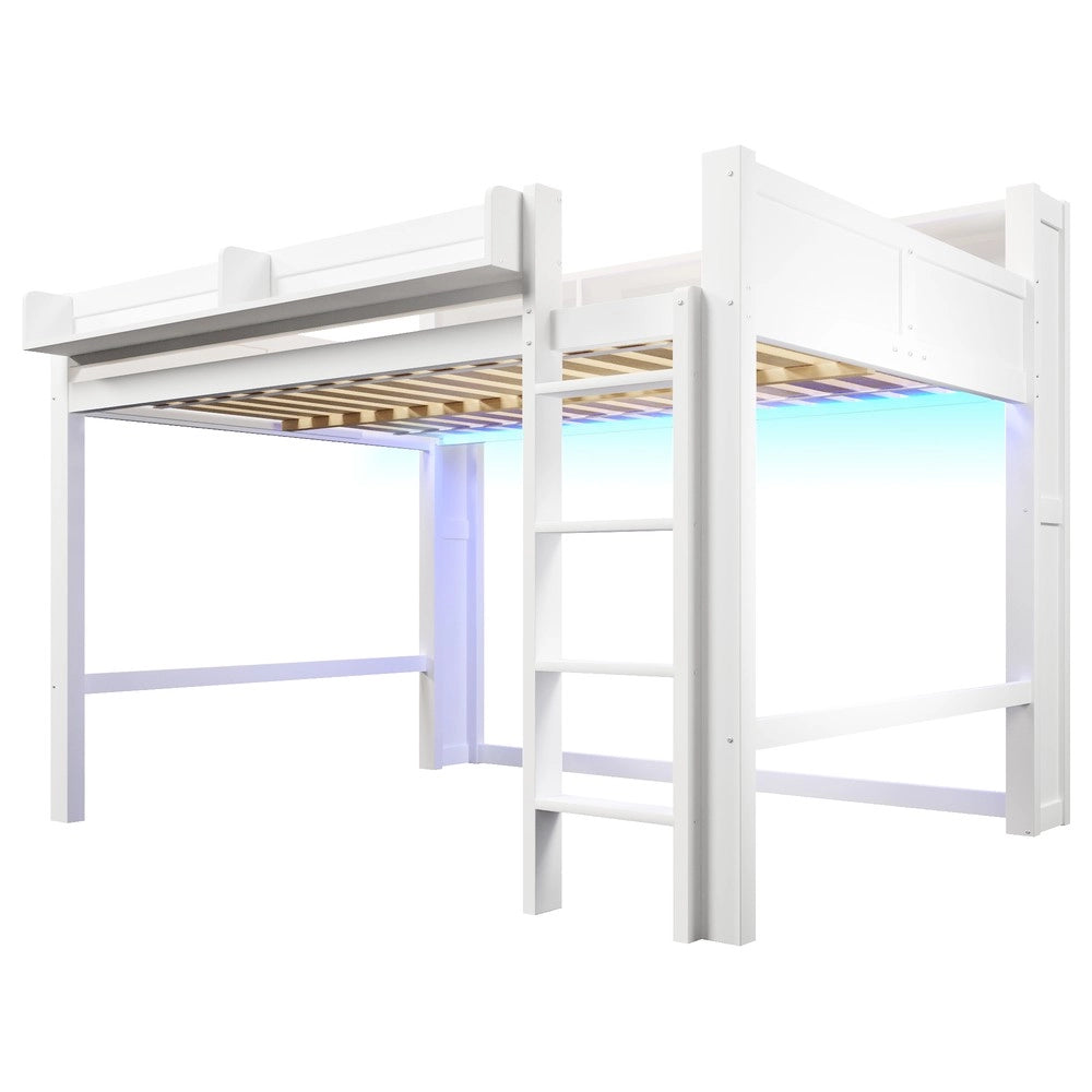 Letto a Soppalco in Legno con LED e USB ¨C MINIMAL ¨C Bianco 140x200 cm