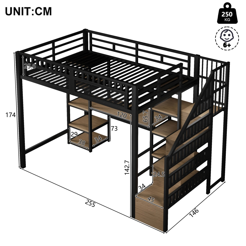 Letto a castello nero 140x200 cm telaio in metallo funzione scrivania scala
