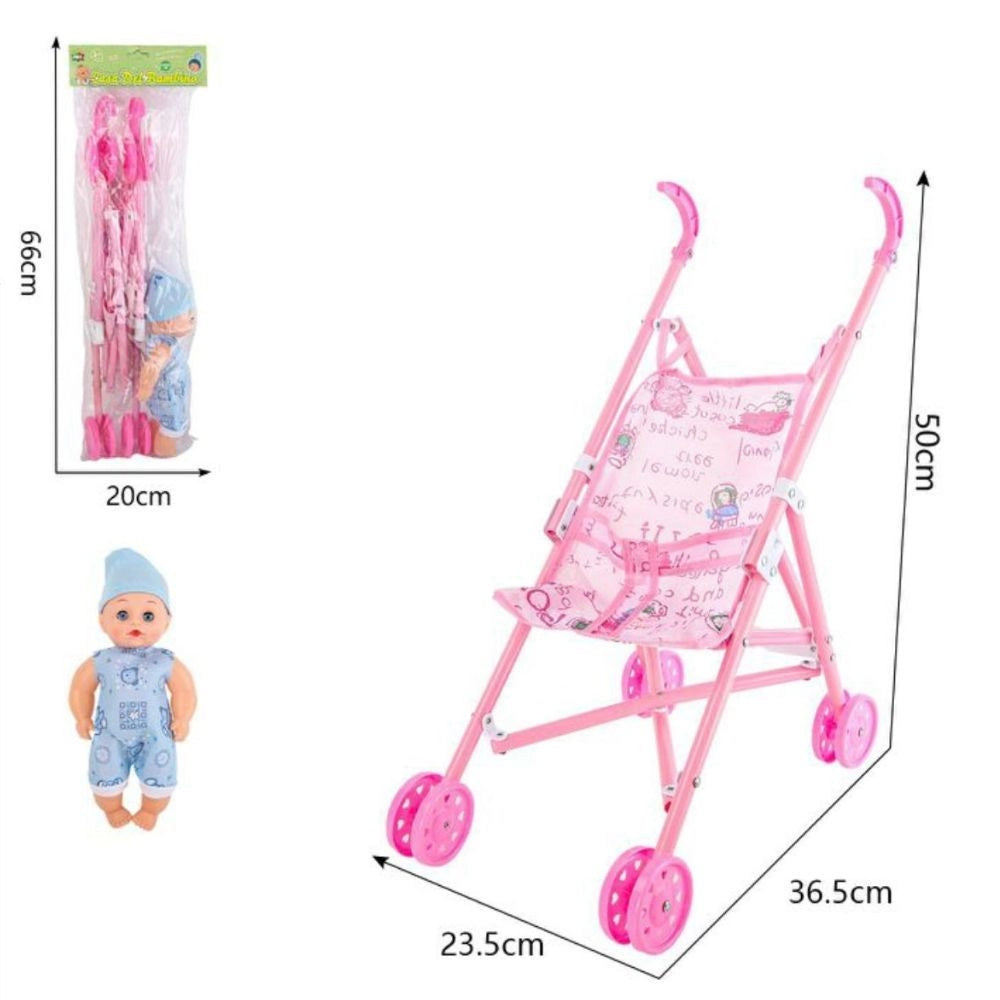 Trade Shop - Passeggino Per Bambine Con Bambolotto Carrozzino Pieghevole Gioco Per Bambini -