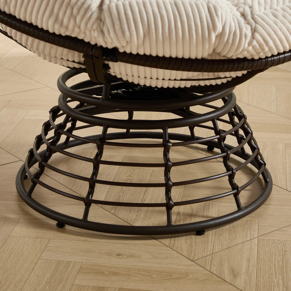 Poltrona Papasan Girevole in Rattan ¨C Xylo ¨C Marrone con Cuscino Bianco in Velluto a Coste