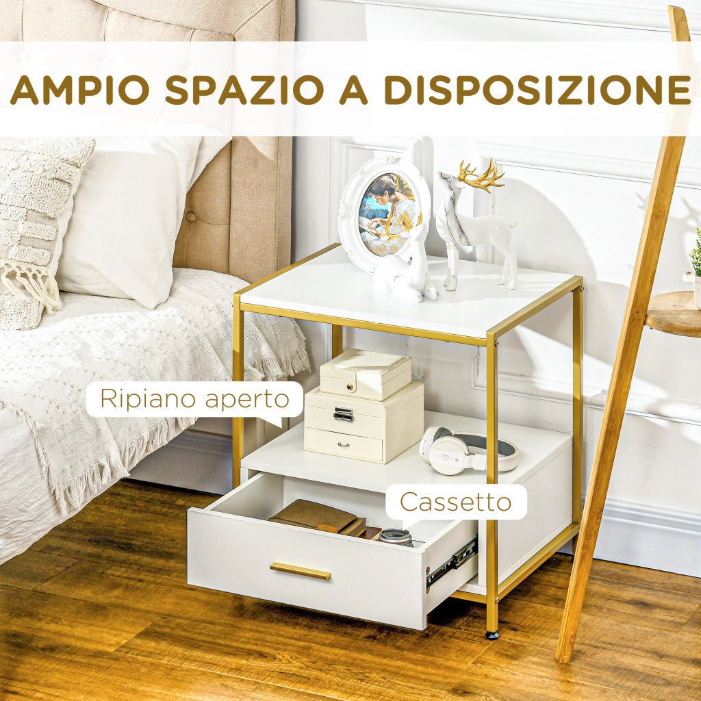 Set di 2 Comodini per Camera da Letto, Comodini Moderni Eleganti con Cassetto e Ripiano Aperto, 50x40x55cm, Bianco e Oro