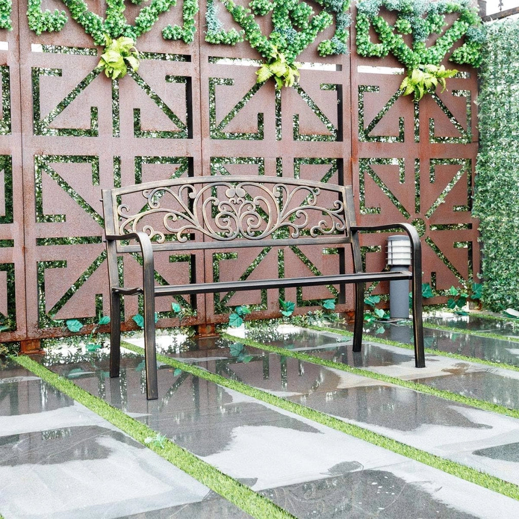 Panchina da Esterno, Panchina in Metallo Verniciato con Schienale Bello, Sedile Ampio e Braccioli Ergonomici, Panca da Giardino, Balcone e Cortile, 126 x 60 x 85 cm (Bronzo)
