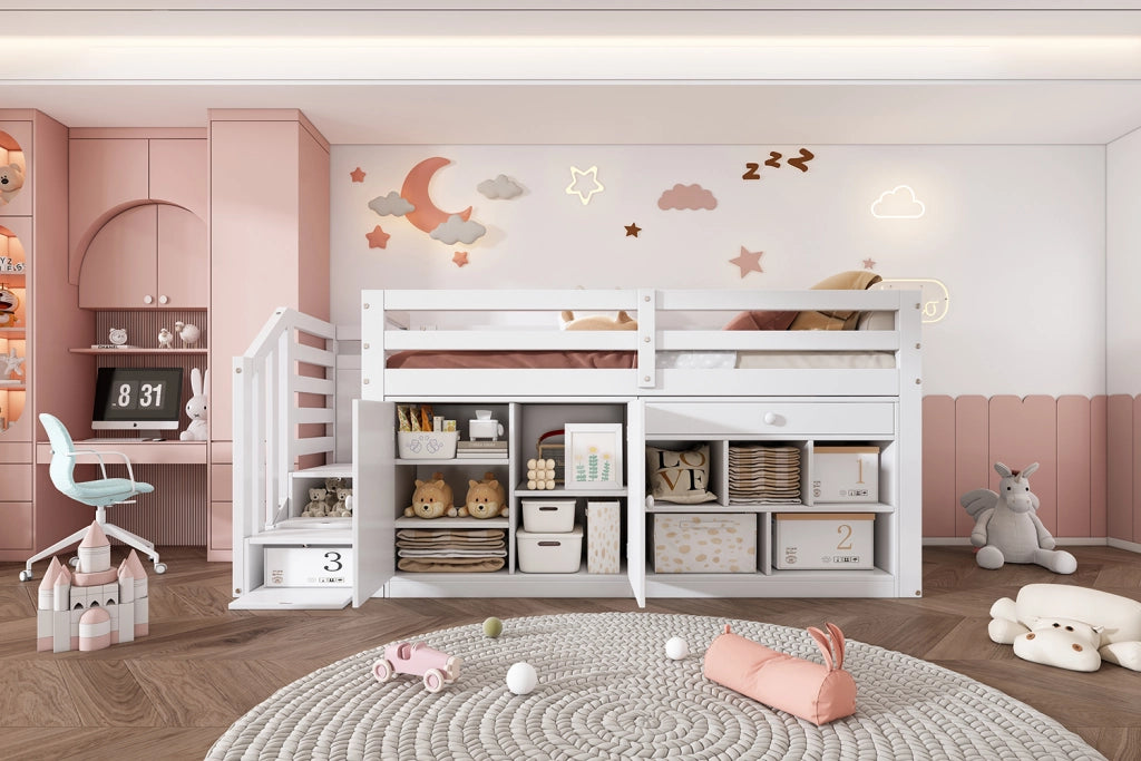 LETTO multifunzionale 90x200 cm in legno bianco con scala e contenitori