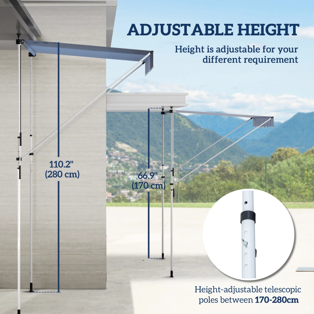 Tenda a braccio pieghevole con morsa per altezza regolabile 200x150cm blu/bianco realizzata in alluminio per terrazza e balcone