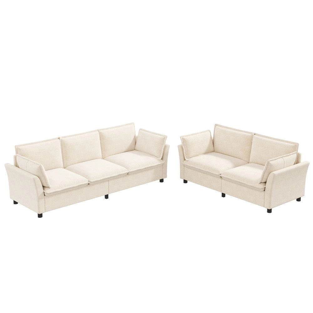 Set Divano Modulare 3 e 2 Posti ¨C Minimal ¨C Beige Tessuto Chenille Imbottito con Cuscini